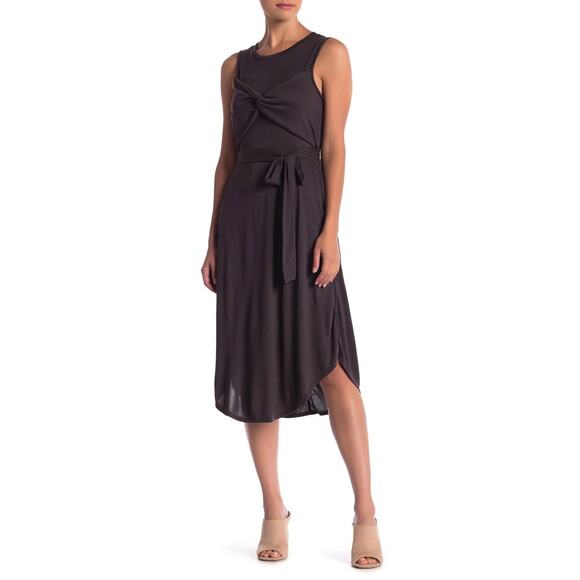 NWOT Dee Elly Charcoal Grey Twist Knot Front Midi Dress with Self Belt. Size M - Picture 2 of 10